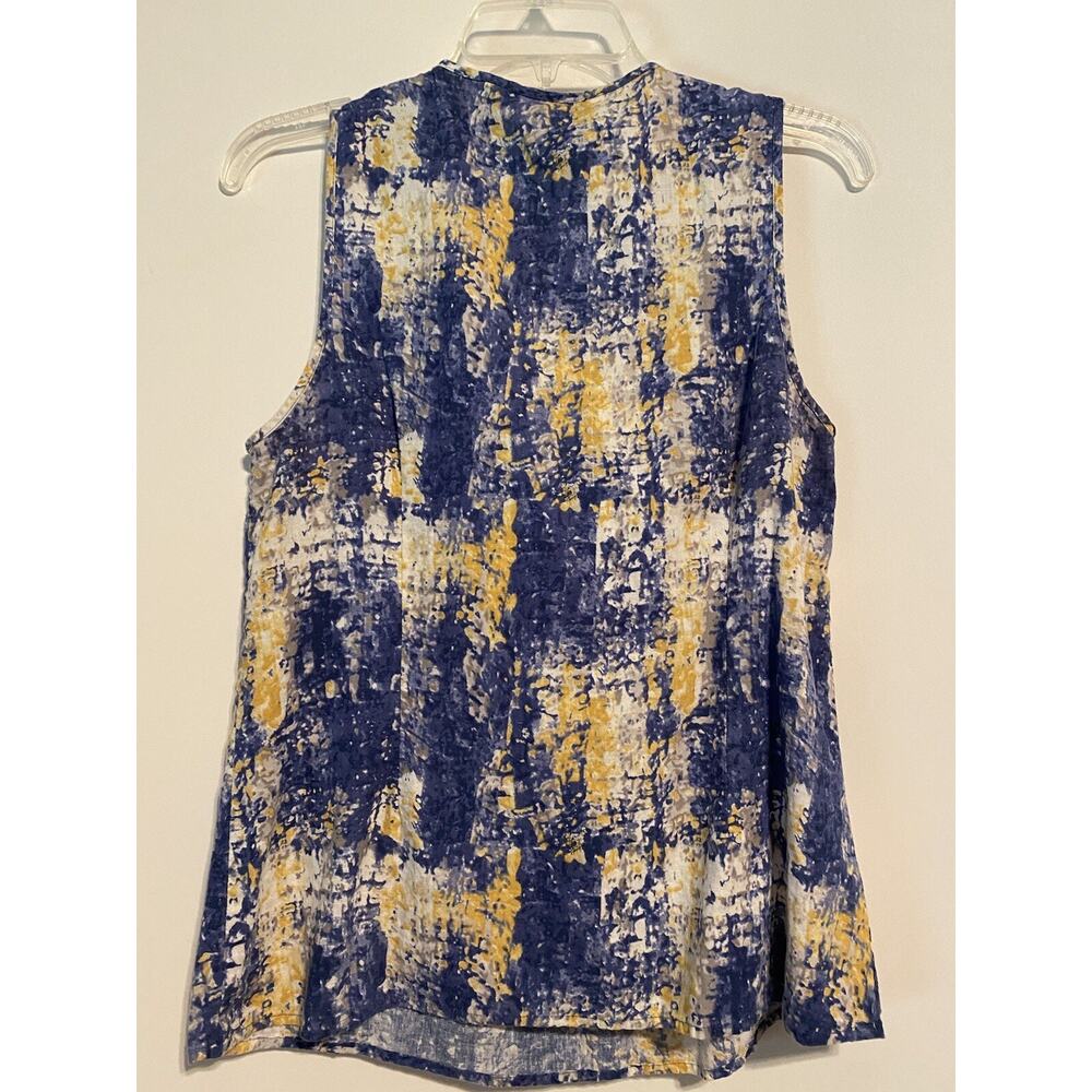 Elena Solano Sleeveless Linen Rayon Large Blouse Ruffle Front Blue Yellow - Picture 6 of 9